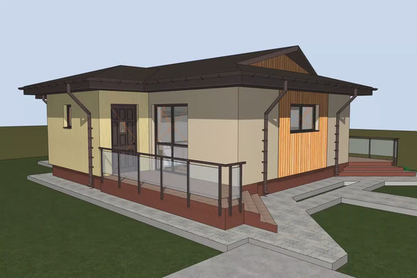 Proiect casa pe structura metalica 110 mp cu 2 camere 021 - fatada cu lemn video