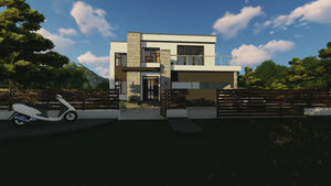 Proiect casa pe structura metalica modern cu garaj dublu 062 - fatada casa cu piatra video thumbnail