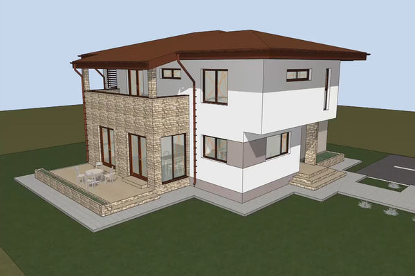 Proiect casa pe structura metalica cu etaj si terase 241-003 - fațadă de casă video