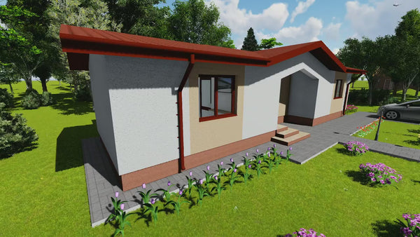 Proiect casa pe structura metalica 80 mp cu 2 dormitoare 035 - fațadă casă video