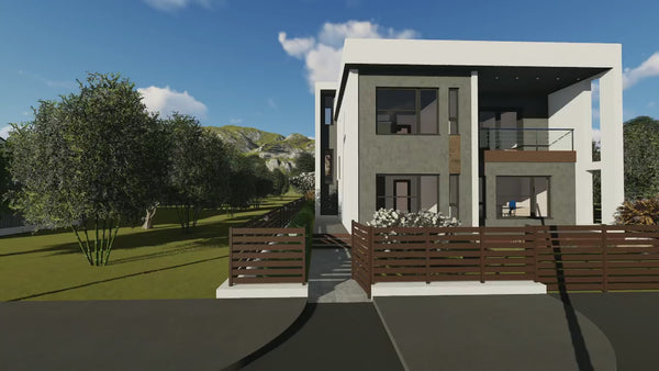 Proiect casa pe structura metalica cu etaj fara acoperis 055 - model fatada video