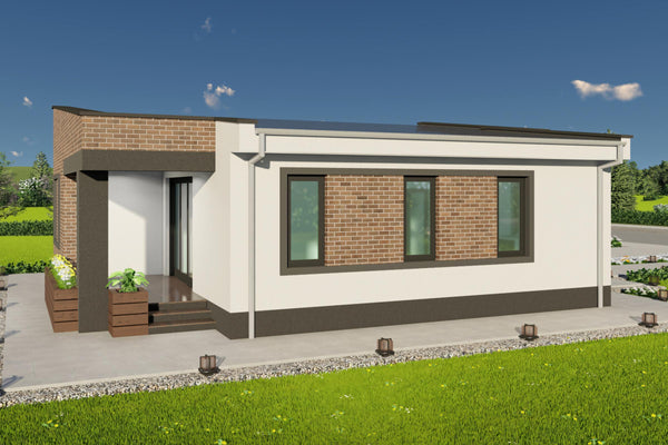 Proiect casa 2 dormitoare 2 bai fara etaj detaliu placare caramida ferestre