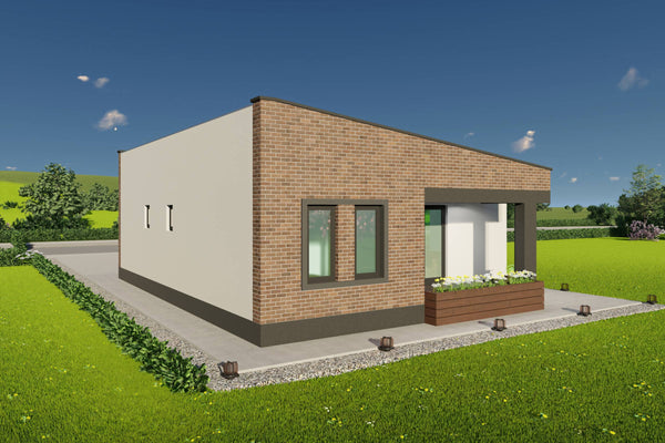 Proiect casa 2 dormitoare 2 bai fara etaj detaliu terasa cu acces din living