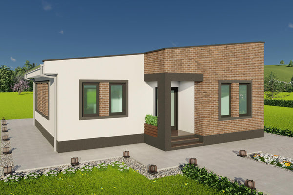 Proiect casa 2 dormitoare 2 bai pe un singur nivel simulare 3d din coltul stang al proprietatii