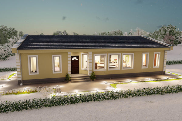 Proiect casa 2 dormitoare living baie si bucatarie din structura metalica vizualizare 3D iarna