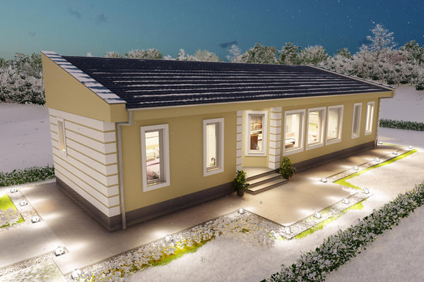 Proiect casa 2 dormitoare living baie si bucatarie structura metalica unghi fata-stanga vedere nocturna