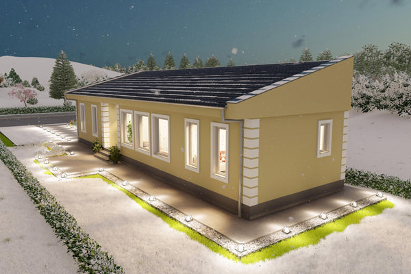 Proiect casa 2 dormitoare living baie si bucatarie structura metalica unghi fata dreapta noapte