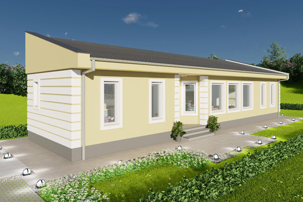 Proiect casa 2 dormitoare living baie si bucatarie structura metalica reprezentare 3D vedere fata-stanga