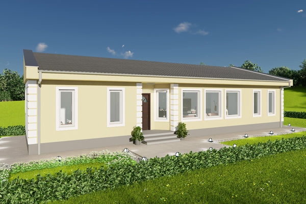 Proiect casa 2 dormitoare living baie si bucatarie pe schelet metalic fatada principala timp de zi