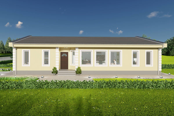 Proiect casa 2 dormitoare living baie si bucatarie cu structura din profile metalice vedere centrala 