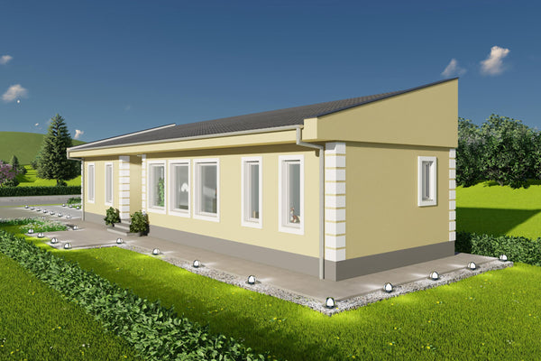 Proiect casa structura metalica 2 dormitoare living baie si bucatarie pentru loturi inguste scena 3d