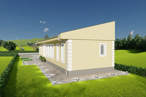 Proiect casa 2 dormitoare living baie si bucatarie vedere laterala dreapta