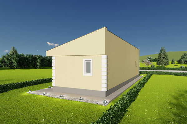 Proiect casa 2 dormitoare living baie si bucatarie unghi spate-dreapta