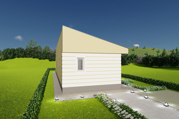 Proiect casa 2 dormitoare living baie si bucatarie detaliu fatada placata laterala stanga