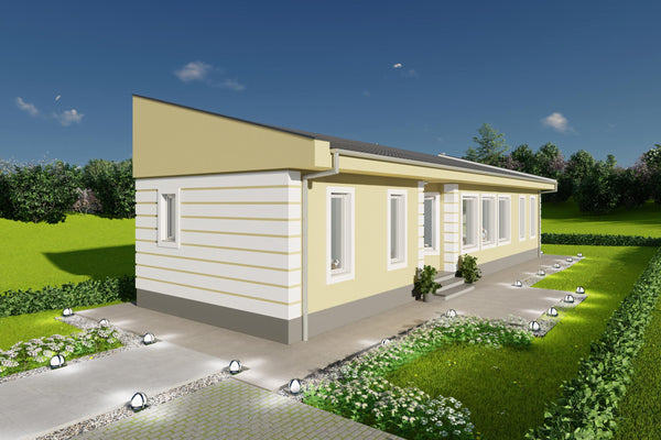 Proiect casa teren ingust cu fatada bej si termopane albe