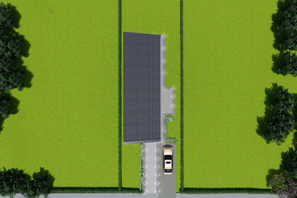 Proiect casa 2 dormitoare living baie si bucatarie vedere aeriana spate acoperis