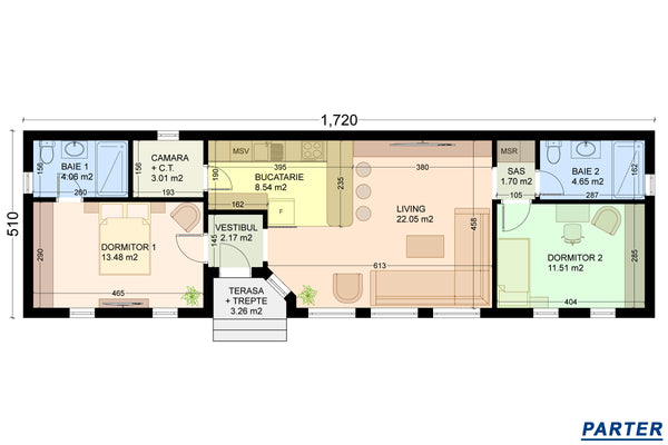 schita proiect casa 2 dormitoare living baie si bucatarie pe un singur nivel