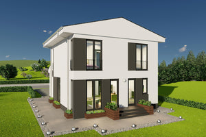 Proiect casa 5 camere cu etaj – perspectiva fatada spate cu acces zona verde thumbnail