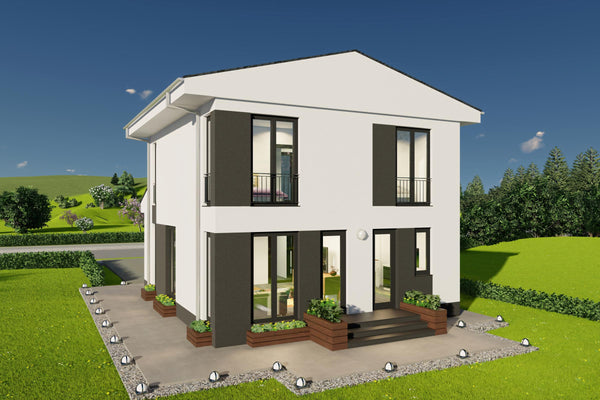 Proiect casa 5 camere cu etaj – perspectiva fatada spate cu acces zona verde