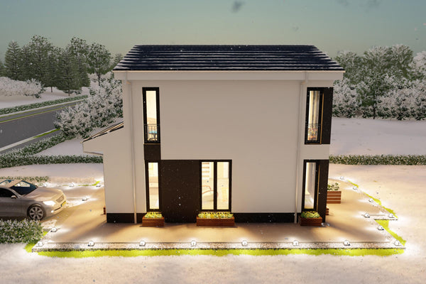 Proiect casa 5 camere cu etaj – perspectiva laterala dreapta fatada moderna cu suprafete vitrate ample