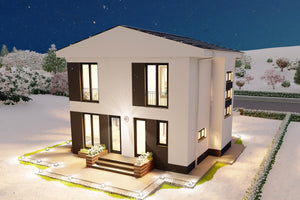 Proiect casa 5 camere cu etaj – randare fatada posterioara cu iesire din living spre curte thumbnail