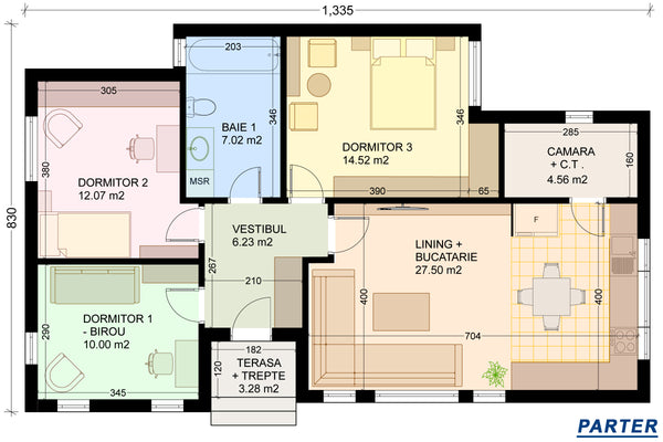 Proiect casa cu 3 dormitoare fara etaj constructie zidarie plan schita parter