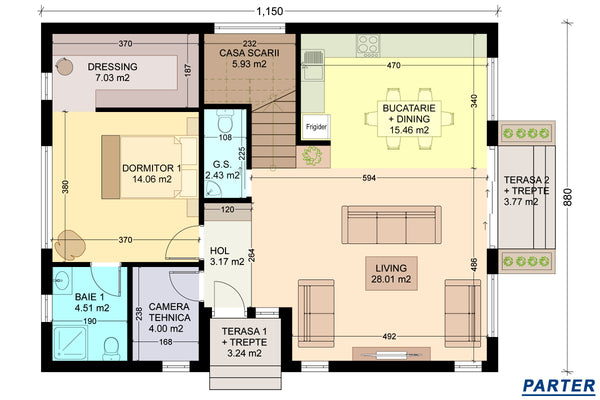 proiect casa cu mansarda 3 dormitoare structura metalica schita parter