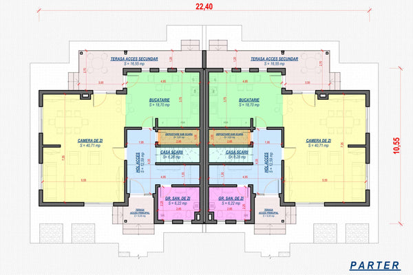 Proiect casa duplex pe structura metalica cu etaj 476-011 - plan casa parter