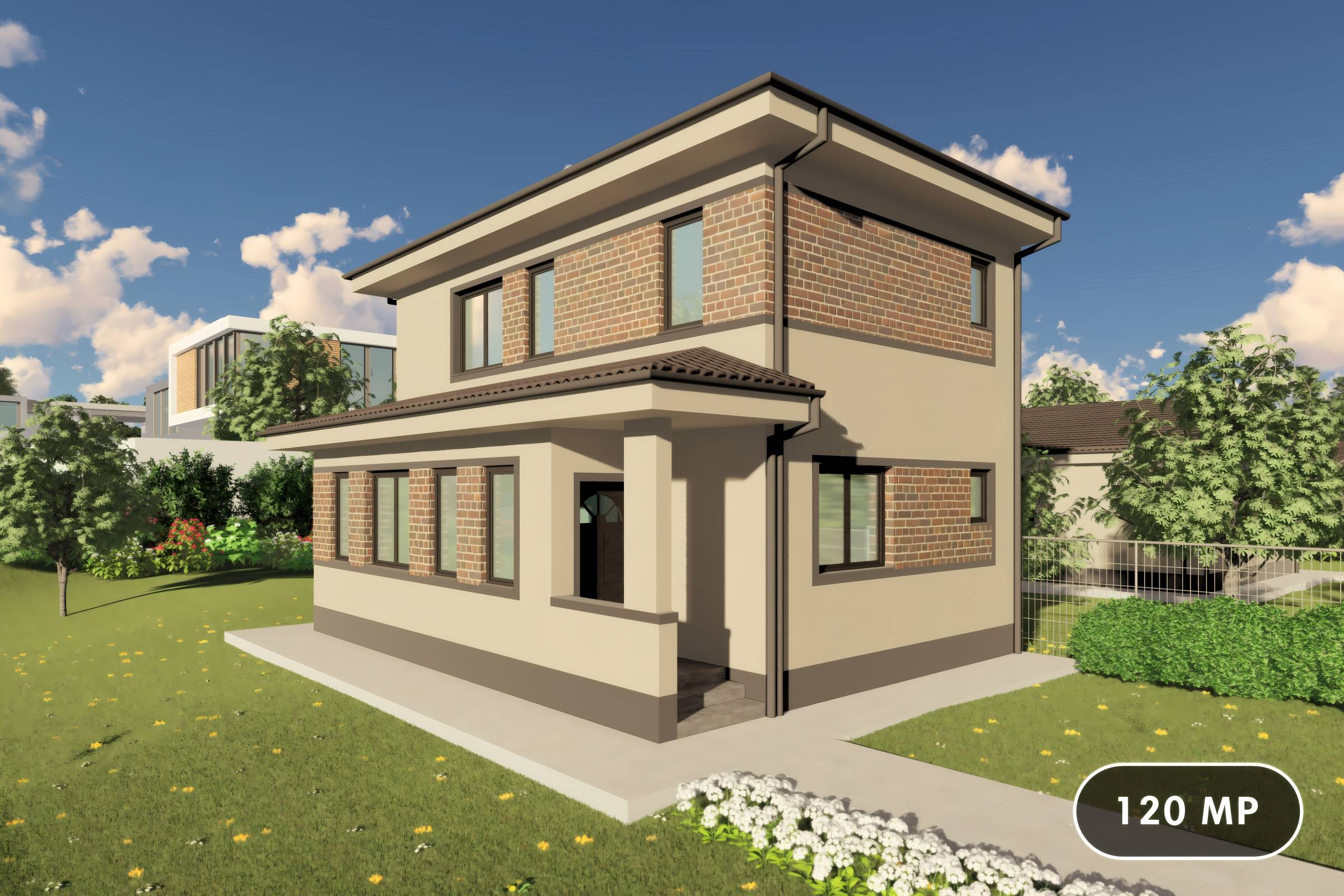 Proiect casa etaj pe structura metalica 3 camere 2 bai 120mp - design casa moderna cu caramida aparenta 01