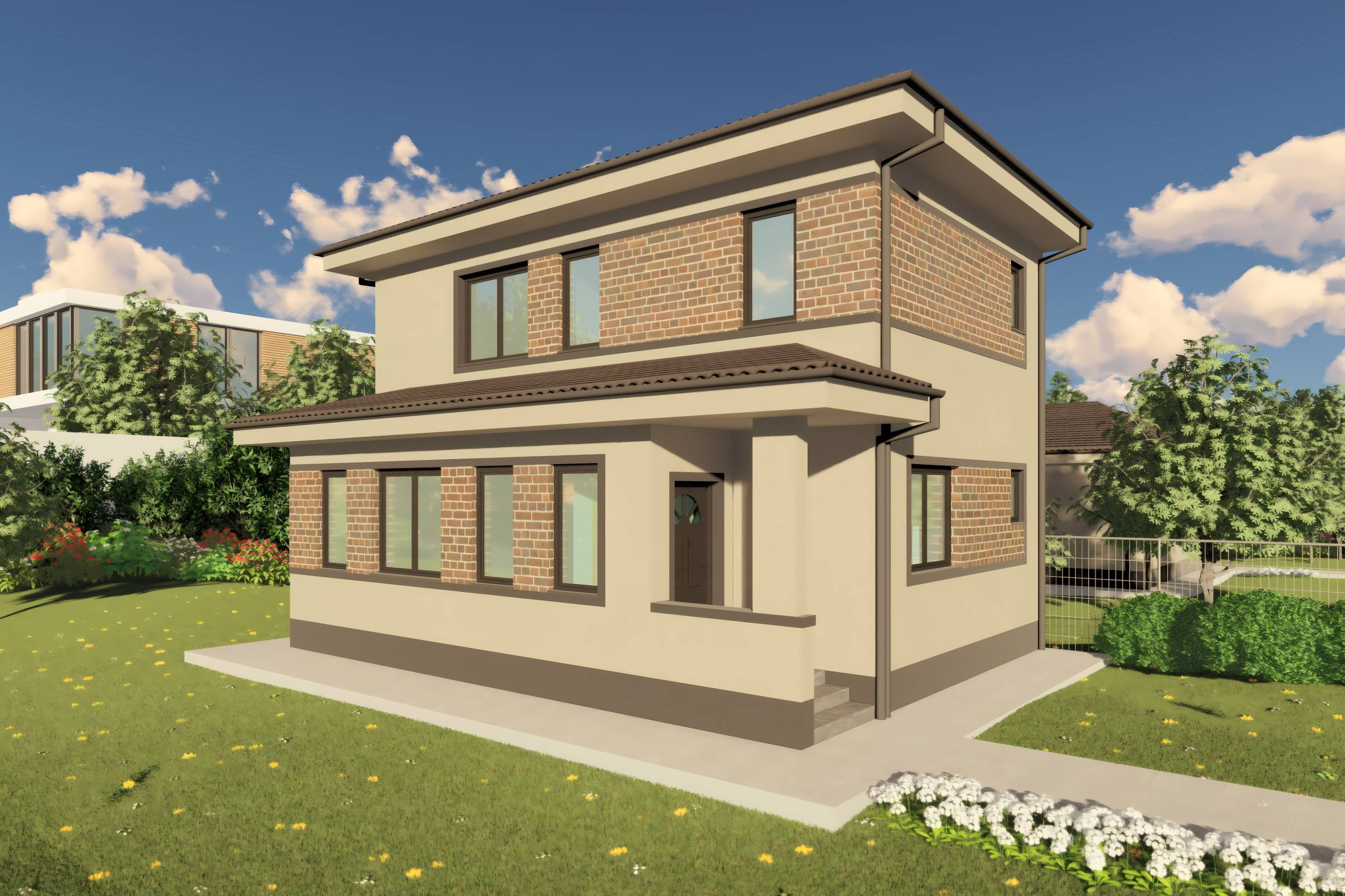 Proiect casa etaj pe structura metalica 3 camere 2 bai 120mp - design casa moderna cu caramida aparenta 02