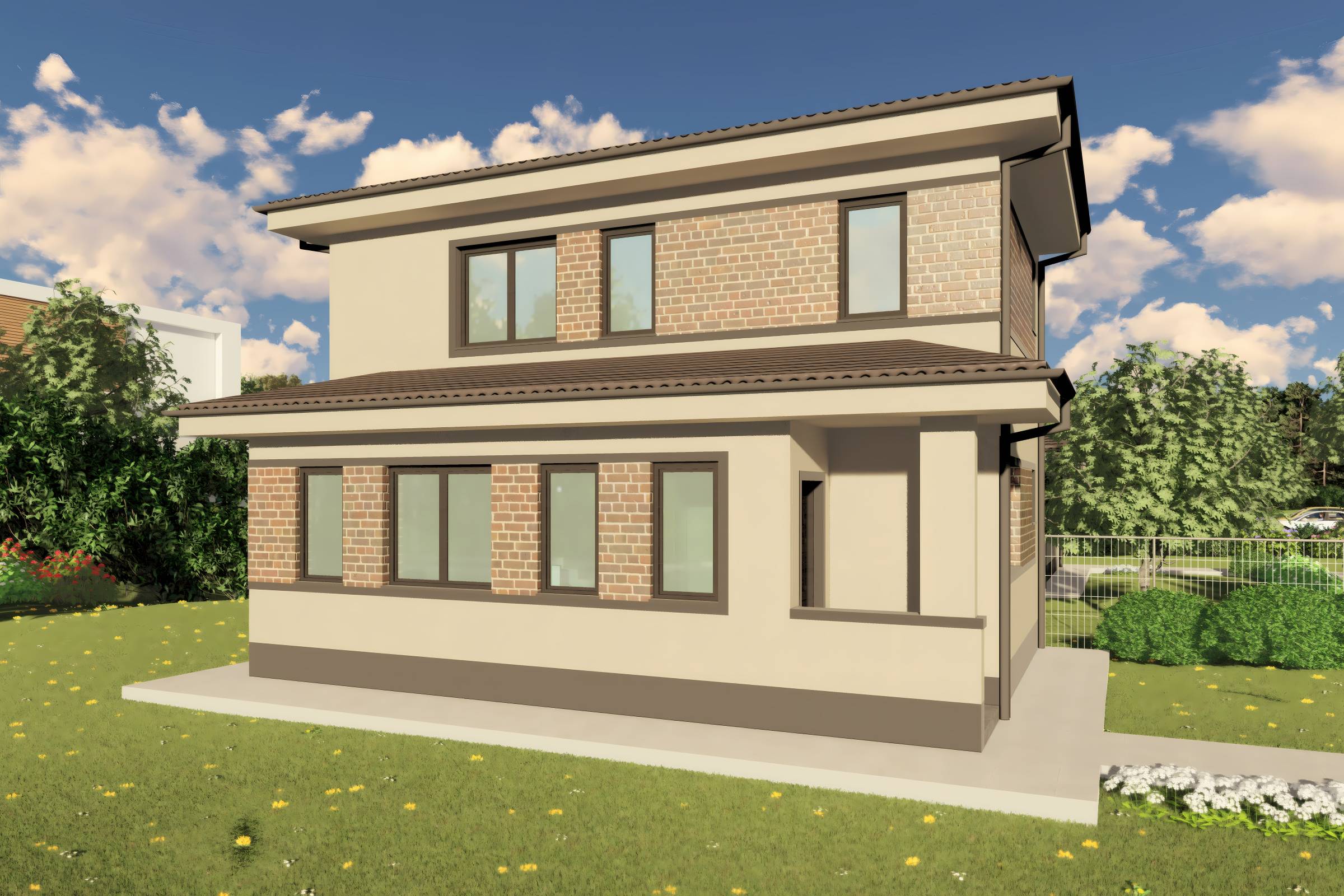 Proiect casa etaj pe structura metalica 3 camere 2 bai 120mp - design casa moderna cu caramida aparenta 03