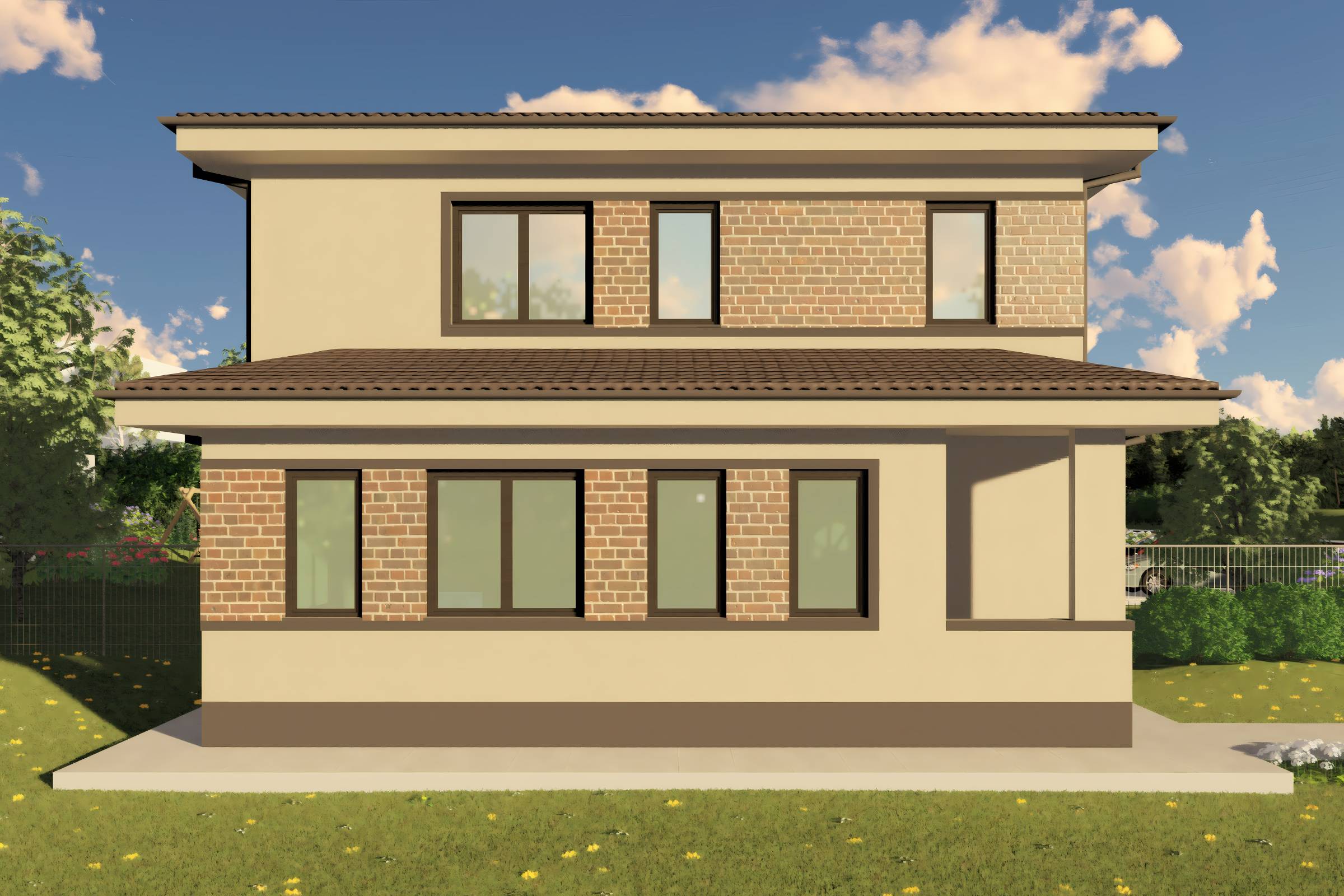 Proiect casa etaj pe structura metalica 3 camere 2 bai 120mp - design casa moderna cu caramida aparenta 04