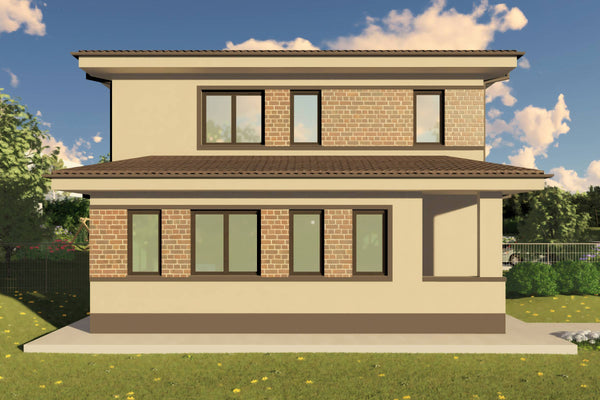 Proiect casa etaj pe structura metalica 3 camere 2 bai 120mp - design casa moderna cu caramida aparenta 04