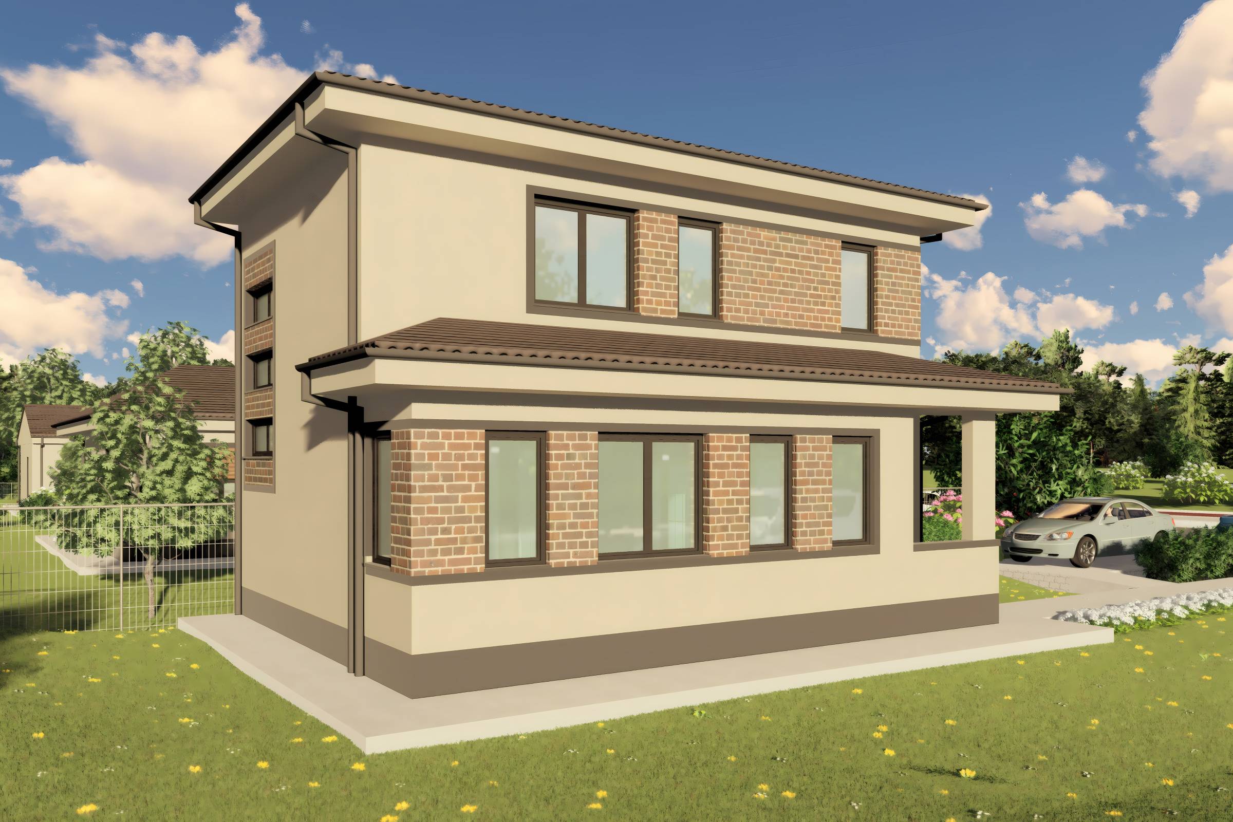 Proiect casa etaj pe structura metalica 3 camere 2 bai 120mp - design casa moderna cu caramida aparenta 05