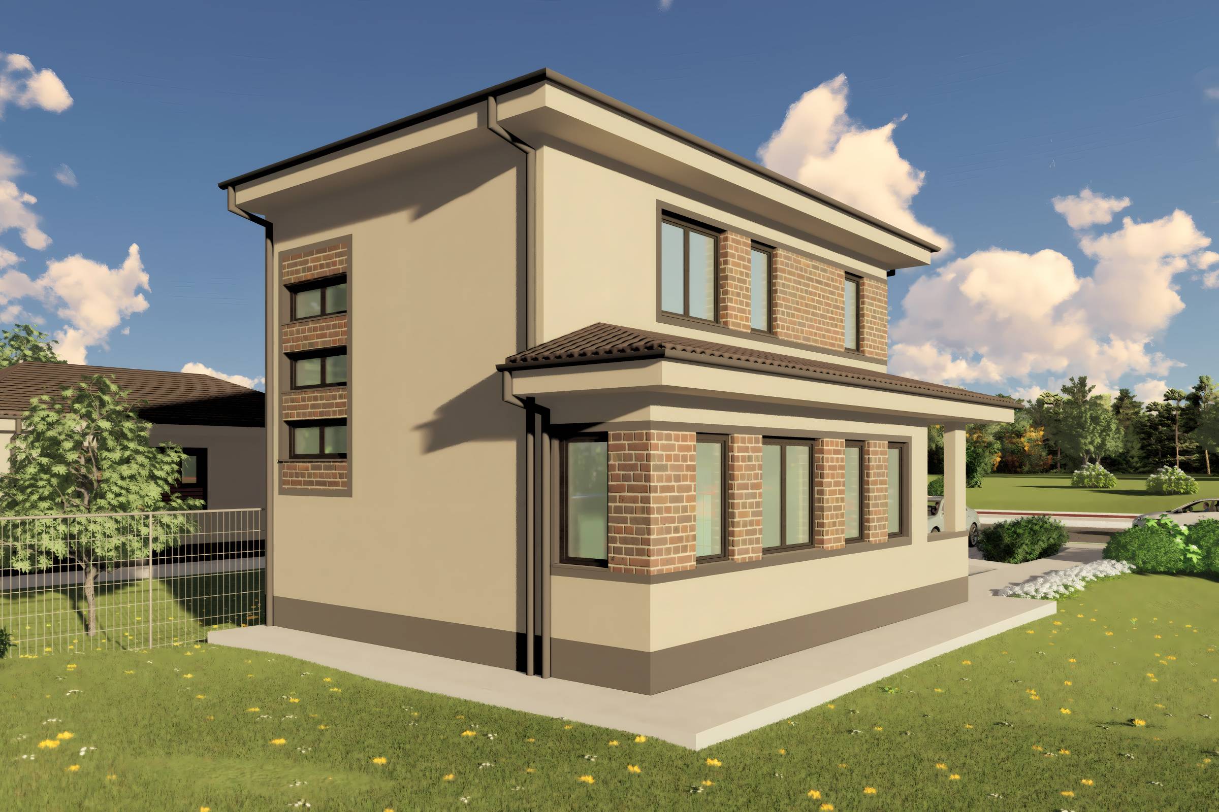 Proiect casa etaj pe structura metalica 3 camere 2 bai 120mp - design casa moderna cu caramida aparenta 06