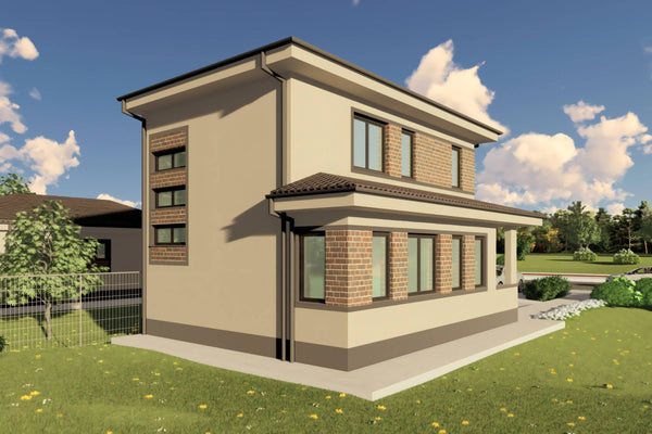 Proiect casa etaj pe structura metalica 3 camere 2 bai 120mp - design casa moderna cu caramida aparenta 06