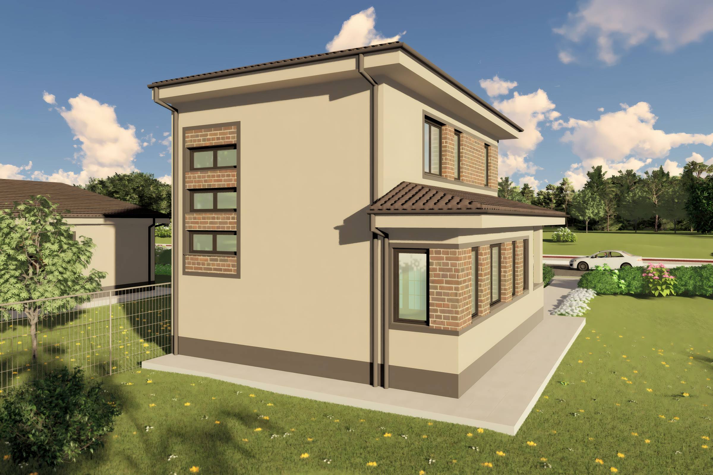 Proiect casa etaj pe structura metalica 3 camere 2 bai 120mp - design casa moderna cu caramida aparenta 07