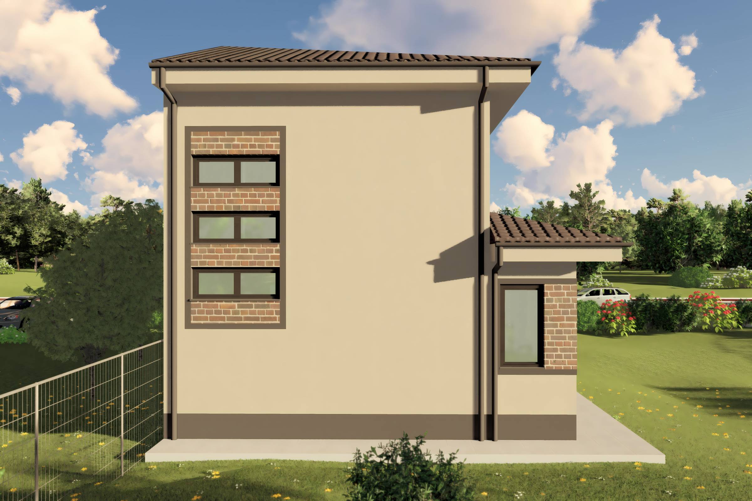 Proiect casa etaj pe structura metalica 3 camere 2 bai 120mp - design casa moderna cu caramida aparenta 08