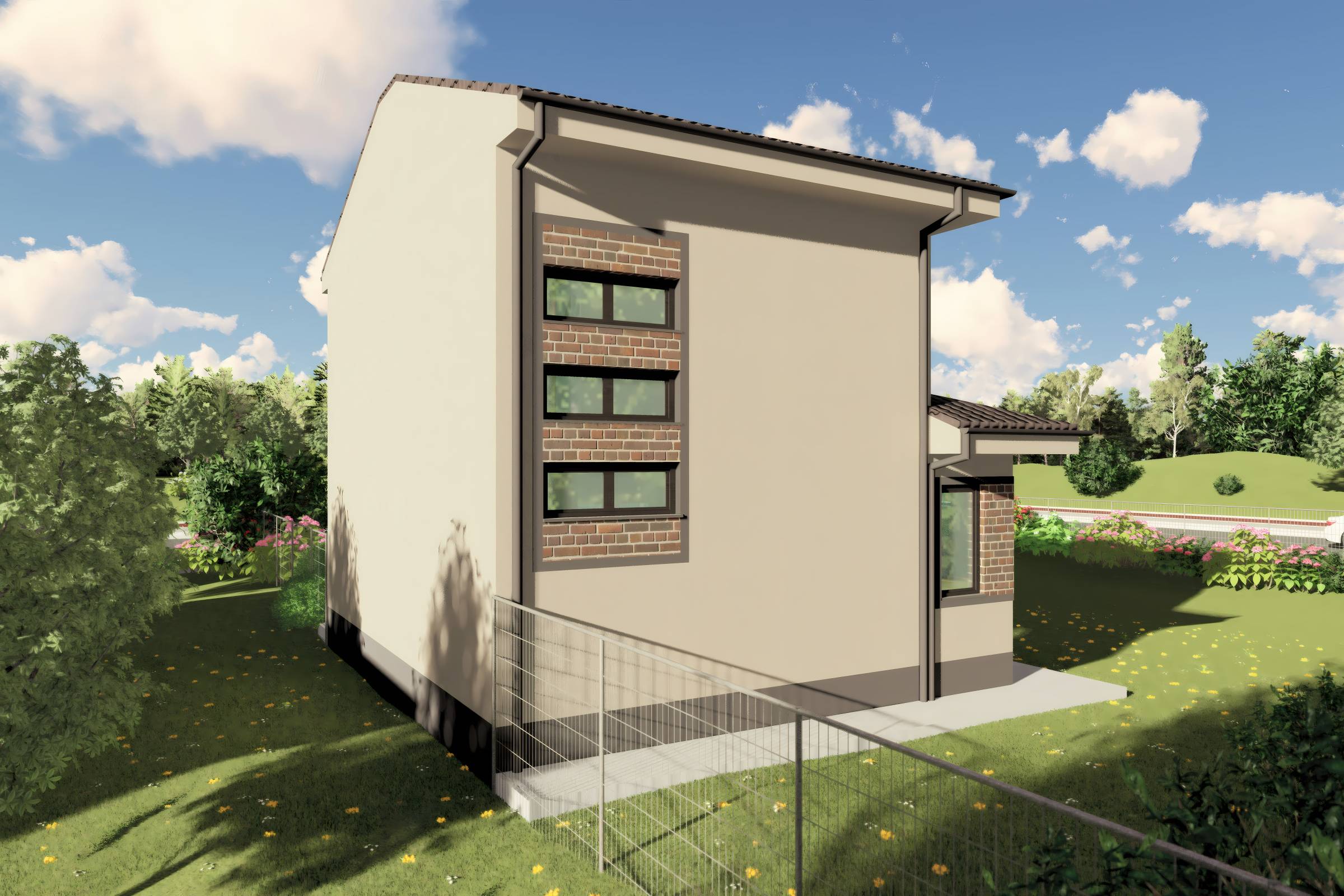 Proiect casa etaj pe structura metalica 3 camere 2 bai 120mp - design casa moderna cu caramida aparenta 09