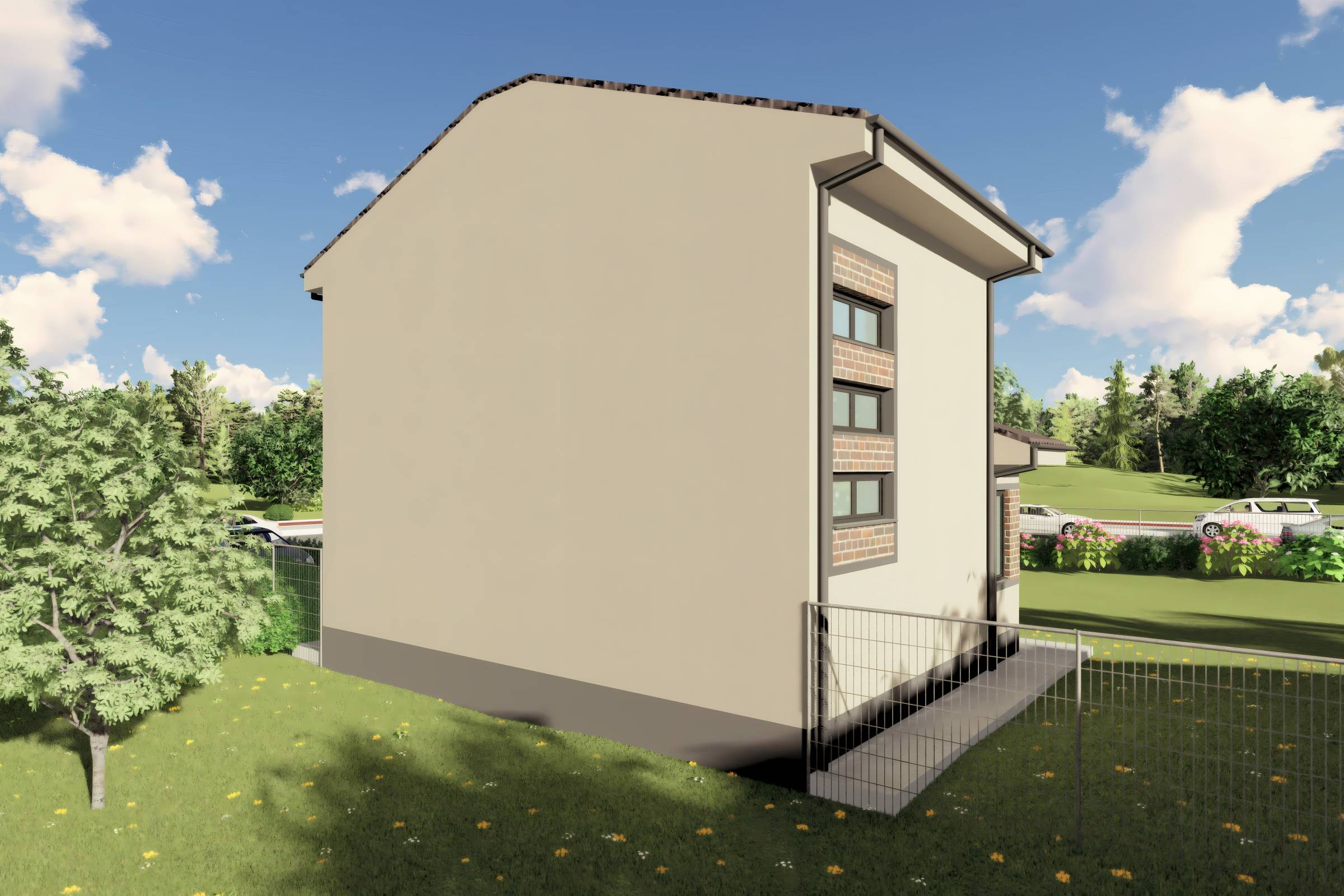 Proiect casa etaj pe structura metalica 3 camere 2 bai 120mp - design casa moderna cu caramida aparenta 10
