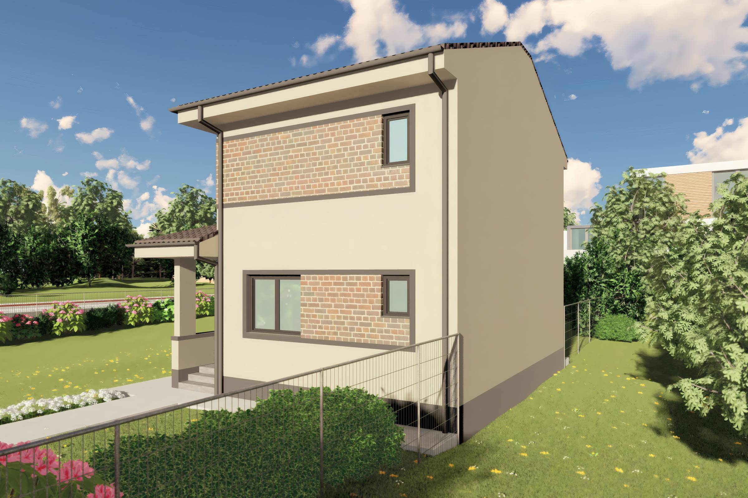 Proiect casa etaj pe structura metalica 3 camere 2 bai 120mp - design casa moderna cu caramida aparenta 11