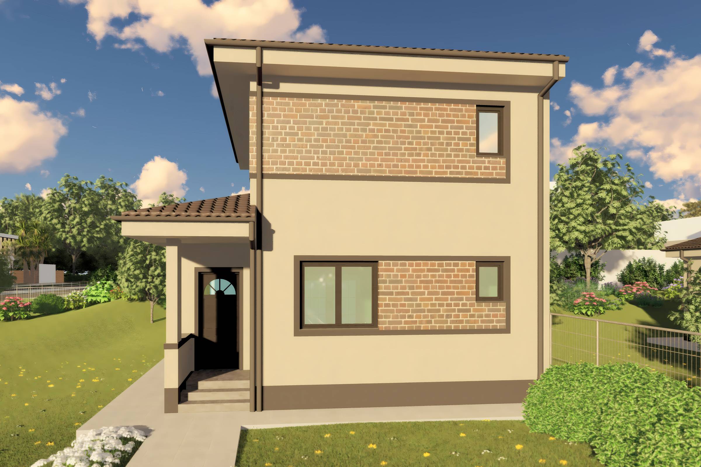 Proiect casa etaj pe structura metalica 3 camere 2 bai 120mp - design casa moderna cu caramida aparenta 12