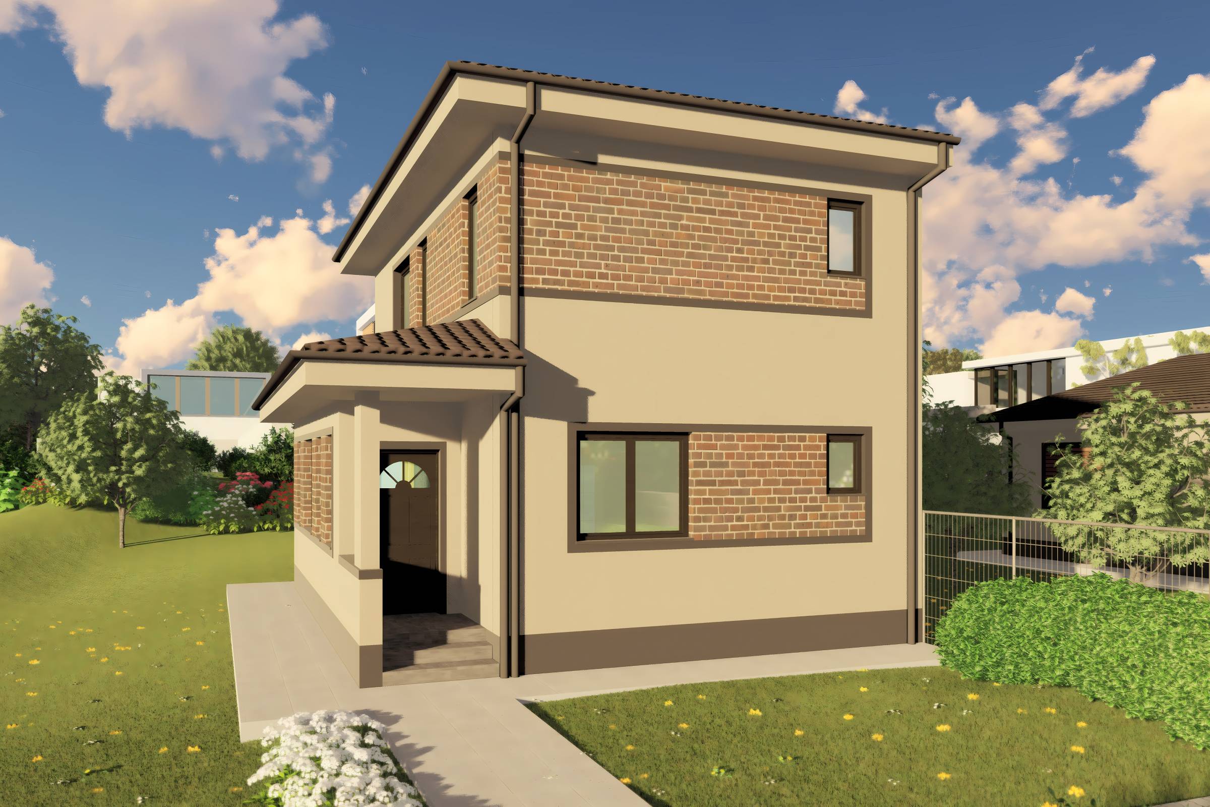 Proiect casa etaj pe structura metalica 3 camere 2 bai 120mp - design casa moderna cu caramida aparenta 13