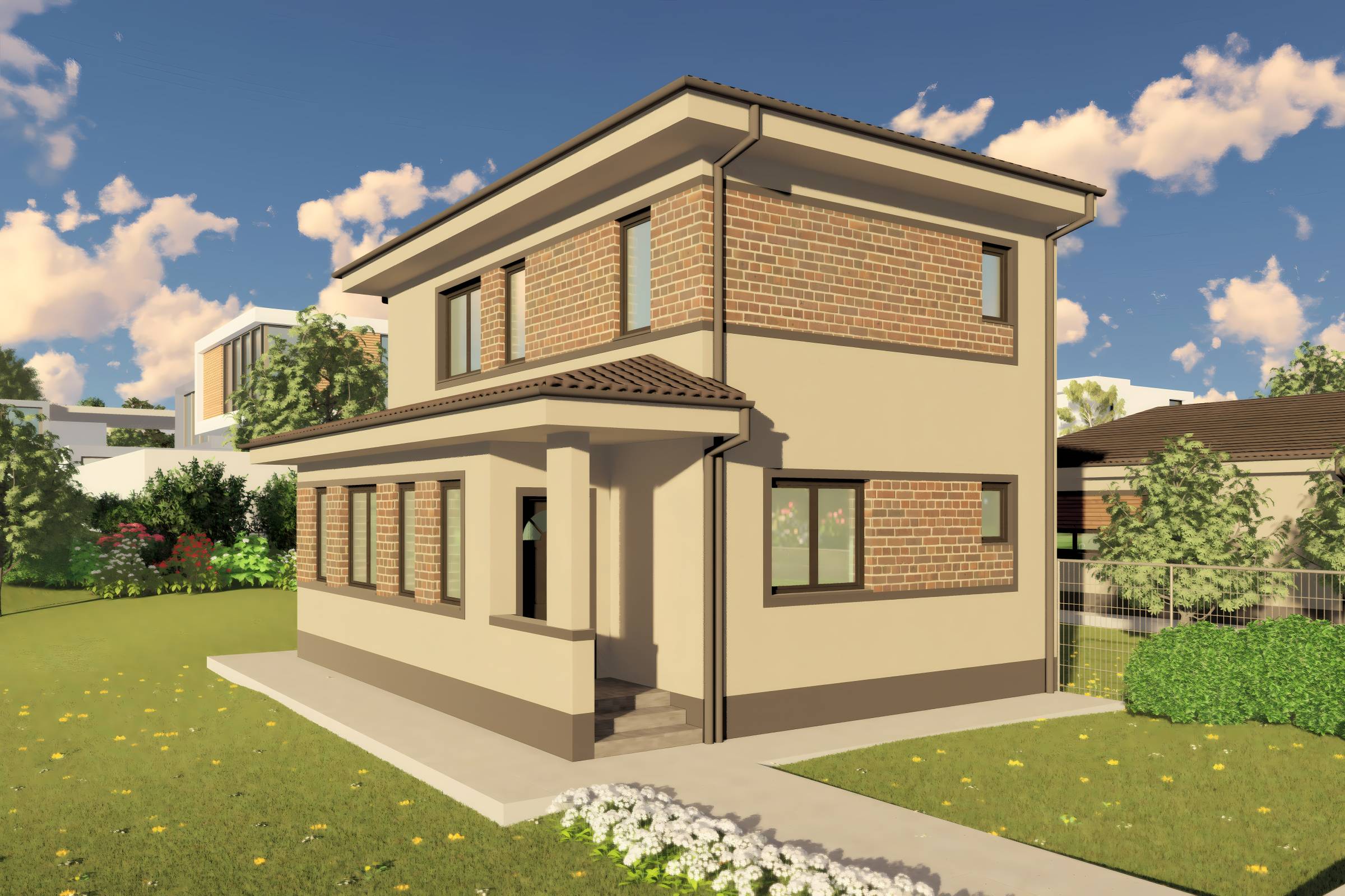 Proiect casa etaj pe structura metalica 3 camere 2 bai 120mp - design casa moderna cu caramida aparenta 14