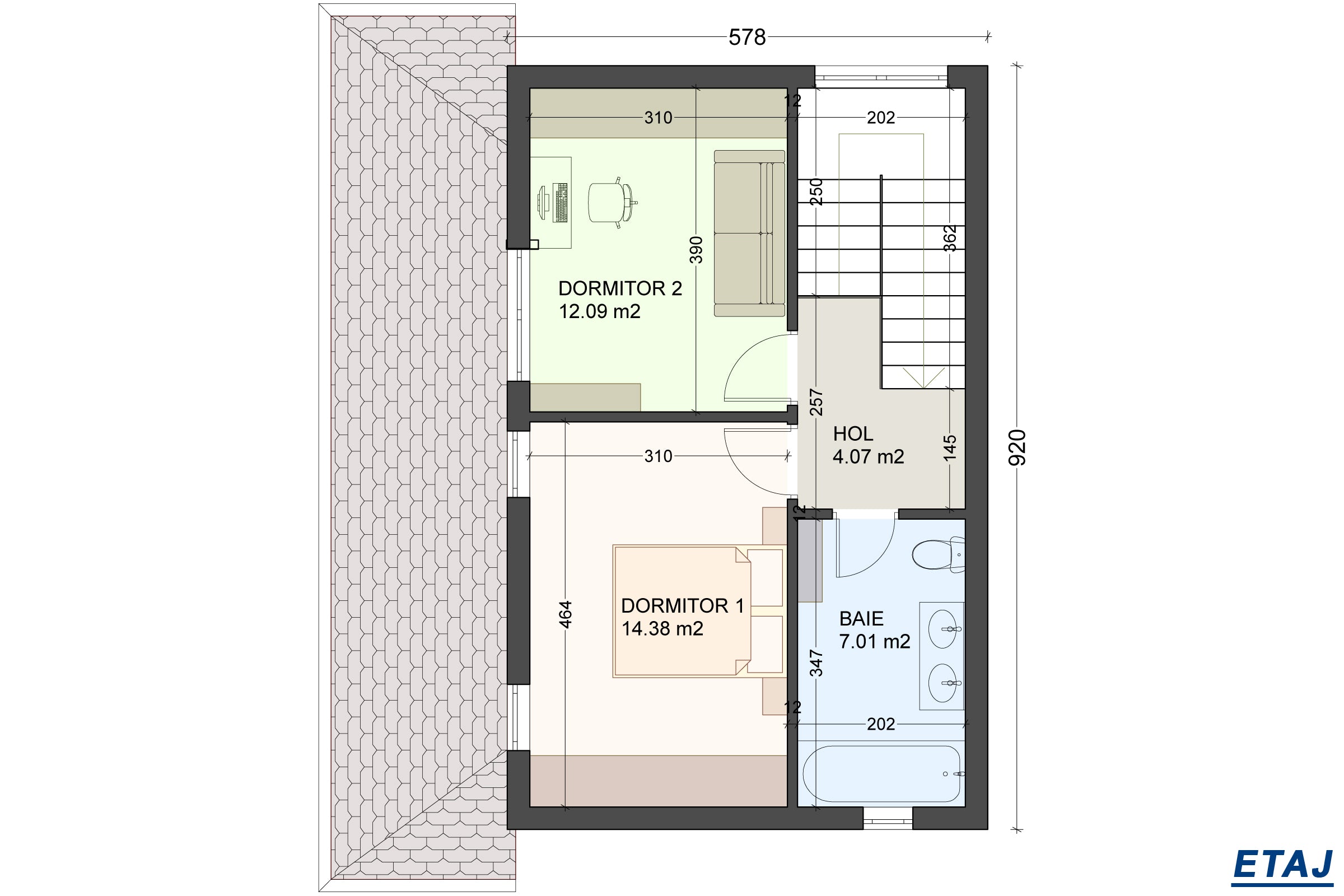 Proiect casa etaj pe structura metalica 3 camere 2 bai 120mp - design interior etaj casa moderna cu caramida aparenta 17