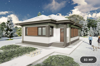 Proiect casa mica pe structura metalica cu un dormitor 80 mp - design exterior modern poza 1