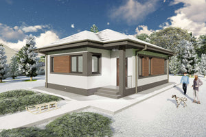 Proiect casa mica pe structura metalica cu un dormitor 80 mp - design exterior modern poza 2 thumbnail