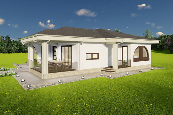 proiect casa parter 2 dormitoare cu zone de acces spre exterior