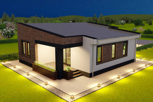 proiect casa parter 2 dormitoare exterior modern cu caramida decorativa si structura din profile metalice thumbnail