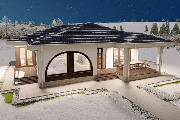 proiect casa parter 2 dormitoare vedere frontala fatada alba si arcade